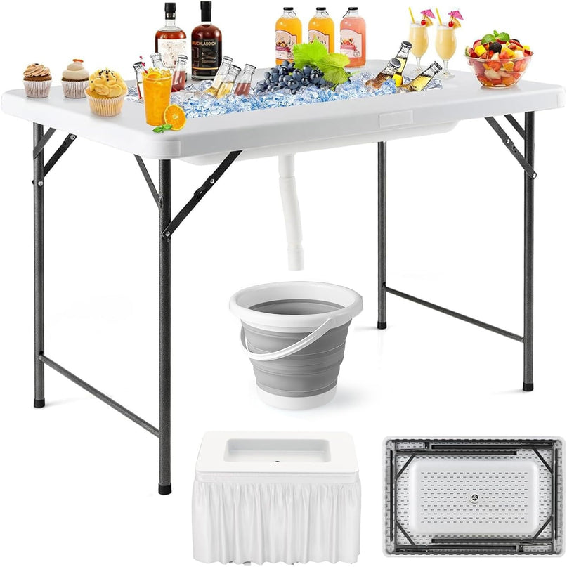 Giantex 48" x 32" HDPE Foldable Ice Bin Table with Drain & Bucket Removable Skirt