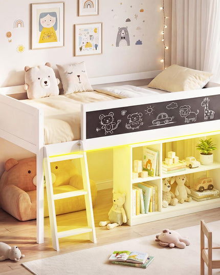 Lit mezzanine bas Giantex pour lit jumeau avec lumières LED, bibliothèque amovible et espace de rangement sous le lit