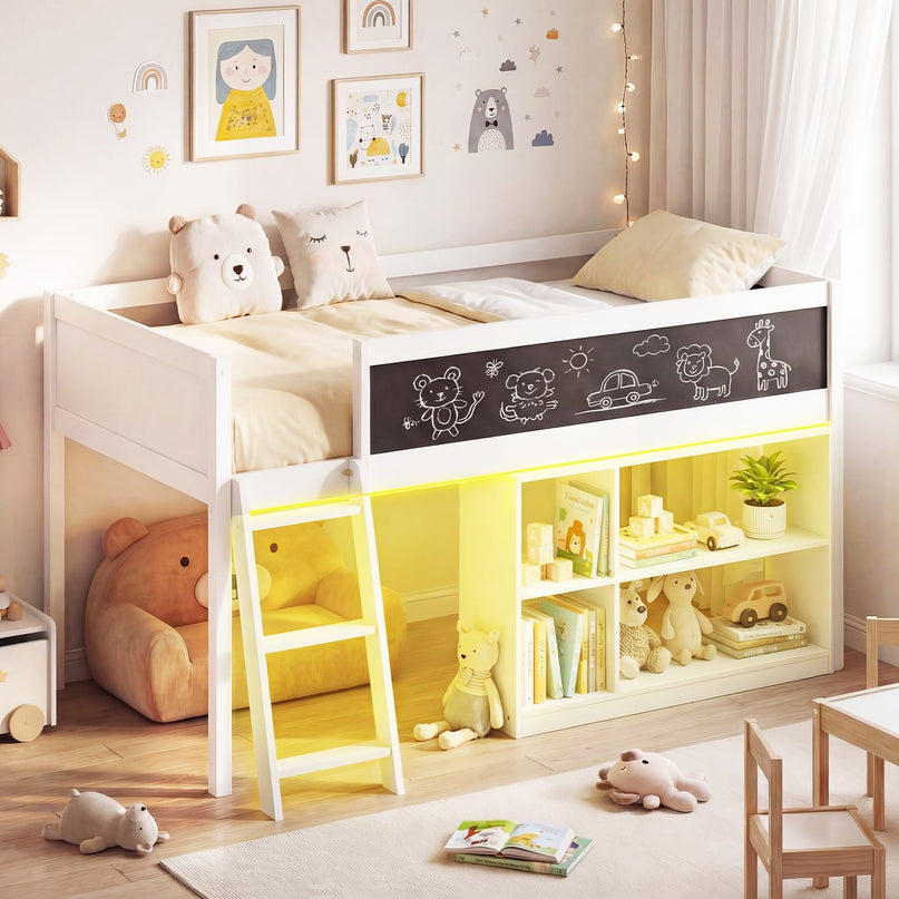 Lit mezzanine bas Giantex pour lit jumeau avec lumières LED, bibliothèque amovible et espace de rangement sous le lit