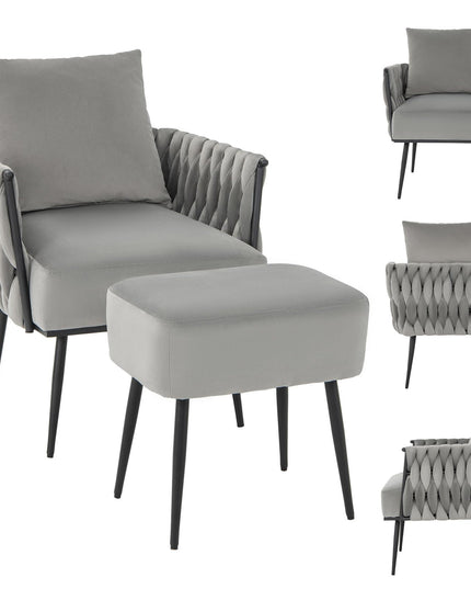 Giantex Velvet Accent Chair with Ottoman, Modern Comfy Arm Chair w/Solid Metal Frame, Pillow