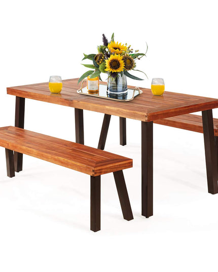 Patio Dining Table Set with 2 Benches, Outdoor Picnic Table Set with Umbrella Hole