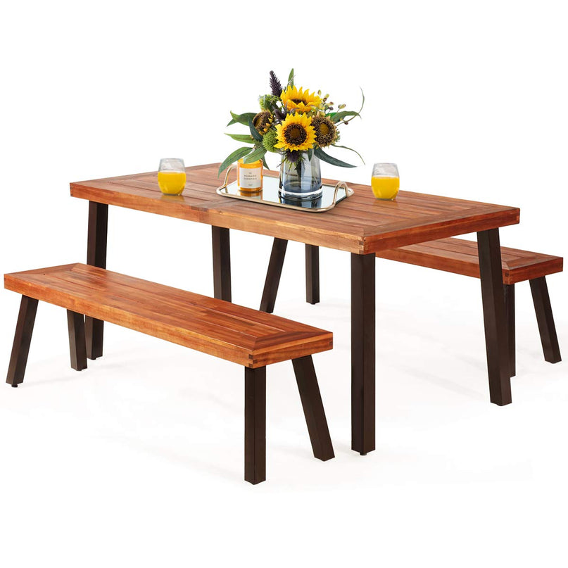 Patio Dining Table Set with 2 Benches, Outdoor Picnic Table Set with Umbrella Hole
