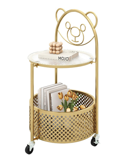 Giantex Mobile Glass Coffee Table, 2-Tier Round End Table with Bear Pattern, Storage Basket, Metal Frame