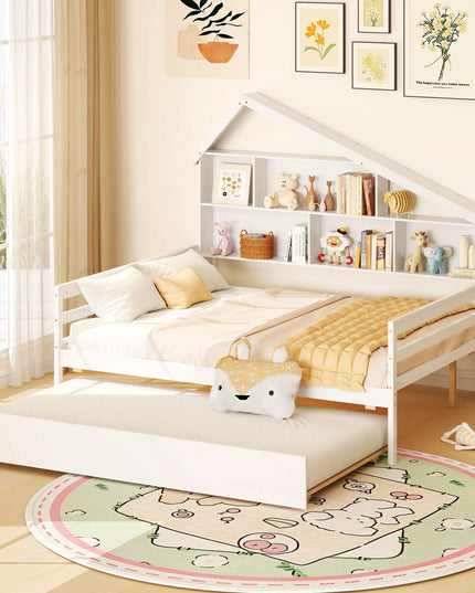 Giantex Full House Bed with Twin Trundle, Wood Daybed with 5 Cube Storage Bookcase & Headboard