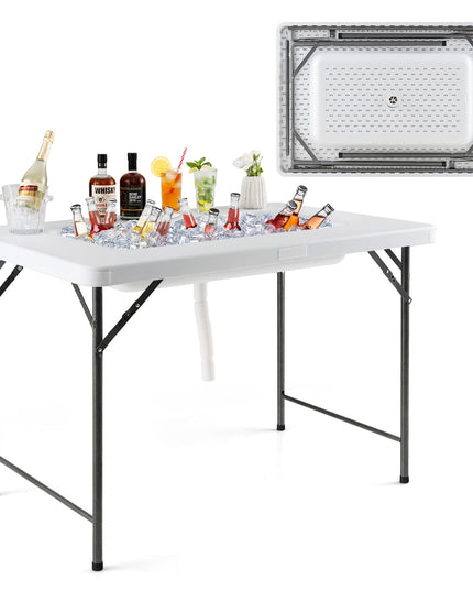 Giantex 4Ft Folding Ice Cooler Table with Drain - No Assembly Ice Bin Table with Edge and Removable Matching Skit