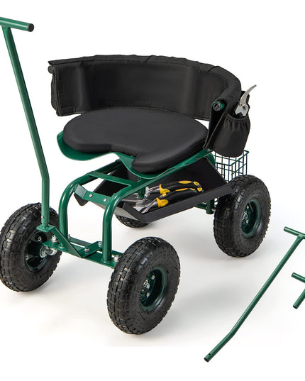 Giantex Garden Cart, Rolling Workseat with 4 Wheels, Tool Tray, Removable Cushion, Storage Basket