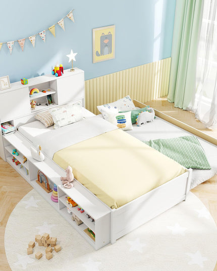Giantex White Twin Size Bed Frame with Trundle and Bookcase Headboard