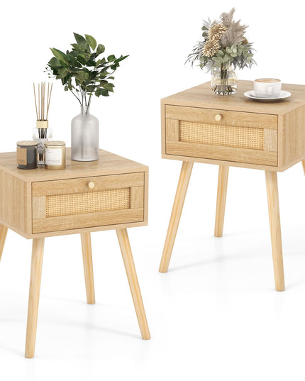 Giantex Boho Rattan Nightstand Set of 2 - Bedside Table with Hand-Woven Rattan Decoration, Natural