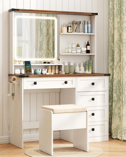 CHARMAID Vanity Desk with Mirror and Lights, Farmhouse Makeup Vanity Desk with 5 Drawers, 3 Shelves