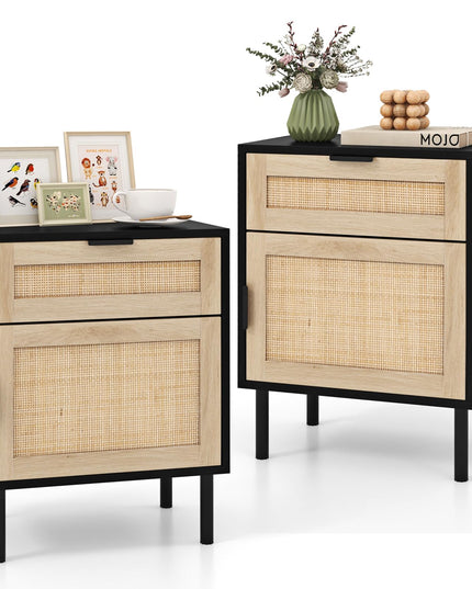 Giantex Table de Chevet en Rotin (Lot de 2), Table d'Appoint Mid-Century Moderne avec Tiroir et Armoire, Table d'Extrémité de Canapé avec Pieds en Métal Robustes