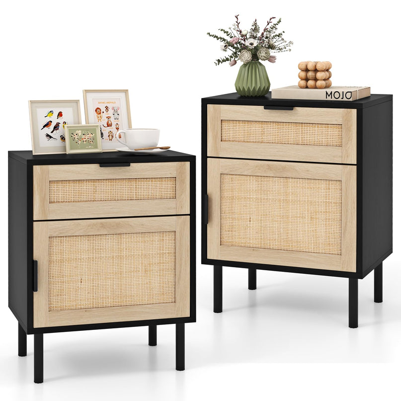 Giantex Table de Chevet en Rotin (Lot de 2), Table d'Appoint Mid-Century Moderne avec Tiroir et Armoire, Table d'Extrémité de Canapé avec Pieds en Métal Robustes