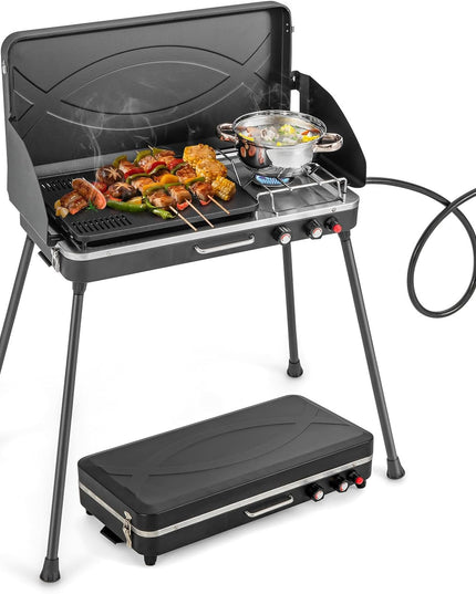 Giantex 2-in-1 Gas Camping Grill and Stove, Portable Propane Grill Burner, Gas Hose with Regulator, 20,000 Total BTUs (Red)