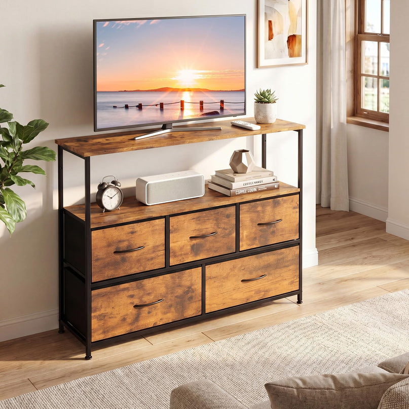 Giantex TV Stand for 45 Inch TV | 5 Fabric Drawer Entertainment Center with Open Shelf