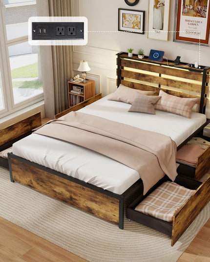 Giantex Bed Frame with LED Lights Headboard and 4 Storage Drawers
