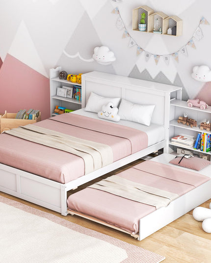 Giantex Full Bed Frame with Twin Trundle, Wooden Bed Wooden Bed Frame with 2 Rolling Bookcases & High Headboard