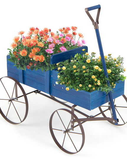 Giantex Decorative Garden Planter, Small Wagon Cart with Metal Wheels, Wood Raised Beds Plant Pot Stand for Backyard Garden Patio 24.5"x13.5"x24"