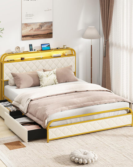 Giantex Bed Frame with 4 Storage Drawers and Charging Station