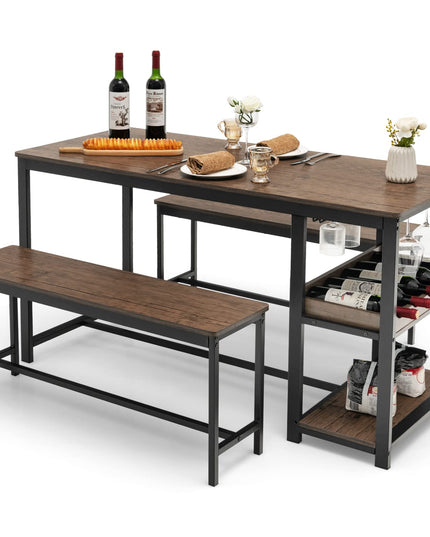Giantex 3-Piece Dining Table Set for 4, Rustic Kitchen Dinner Table with 2 Benches