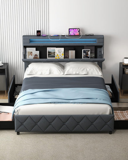 Giantex Bed Frame with Storage Headboard and 4 Drawers, Modern Upholstered Platform Bed with Charging Station