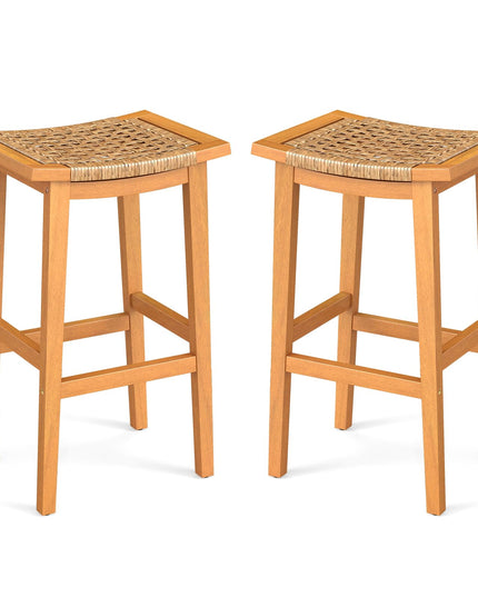Giantex Outdoor Wooden Bar Stools Set of 2/4 with PE Rattan Saddle Seat & Footrest