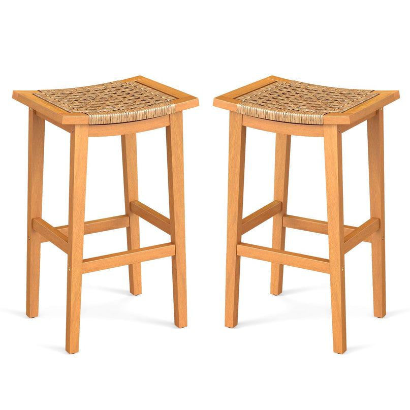 Giantex Outdoor Wooden Bar Stools Set of 2/4 with PE Rattan Saddle Seat & Footrest