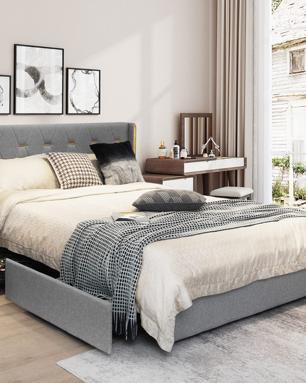 Giantex Upholstered Bed Frame with 4 Drawers