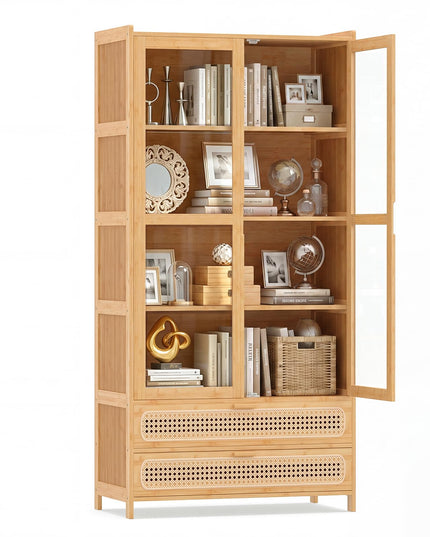 GIANTEX 54.5" Tall 6-Tier Freestanding Bamboo Bookshelf with 2 Acrylic Doors and 2 Drawers