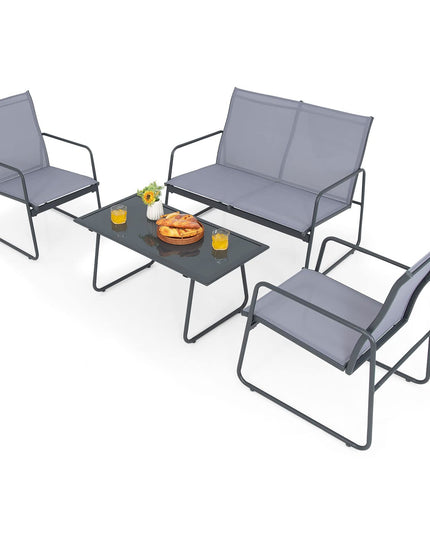 Giantex 4 Pieces Patio Furniture Set, Outdoor Conversation Set with 2 Patio Dining Chairs, Tempered Glass Coffee Table