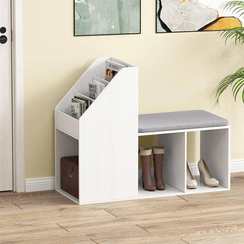 Giantex Shoe Storage Bench, Entryway Bench w/Side Holder & Padded Seat Cushion, 3 Storage Compartments
