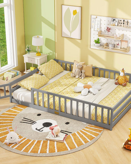 Giantex  Floor Bed with Door & Fence Kids Wood Montessori Bed