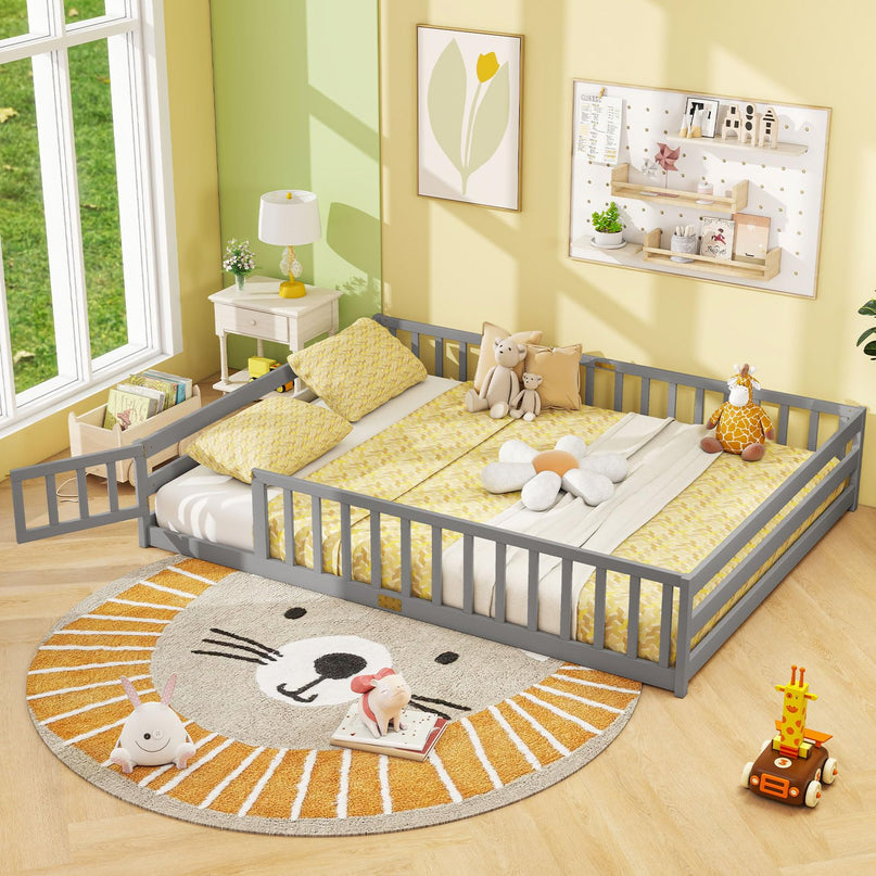 Giantex  Floor Bed with Door & Fence Kids Wood Montessori Bed