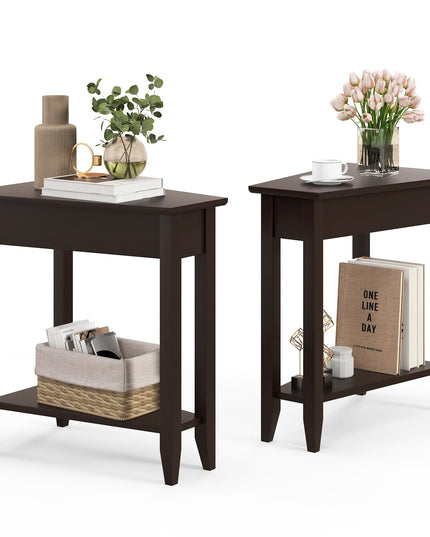Giantex White Wedge End Table Set of 1 or 2, Triangle Side Table with Storage Shelf and Solid Wood Legs