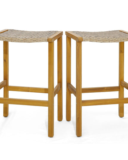 Giantex Patio Wood Bar Stools Set of 2, Acacia Wood Bar Stools w/Rattan Woven Seat