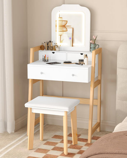 Small Vanity Desk with Mirror and Lights, White Makeup Vanity Desk with 3 Drawers