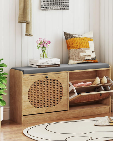 Giantex Rattan Shoe Storage Bench with 2 Flip Drawers & Padded Seat Cushion