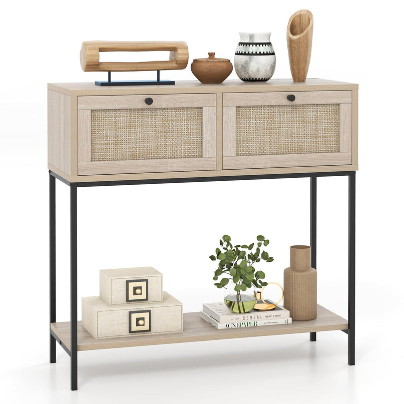 Giantex Console Table with Rattan Drawers - 31.5" Entryway Table w/ 2 Drawers & Open Storage Shelf