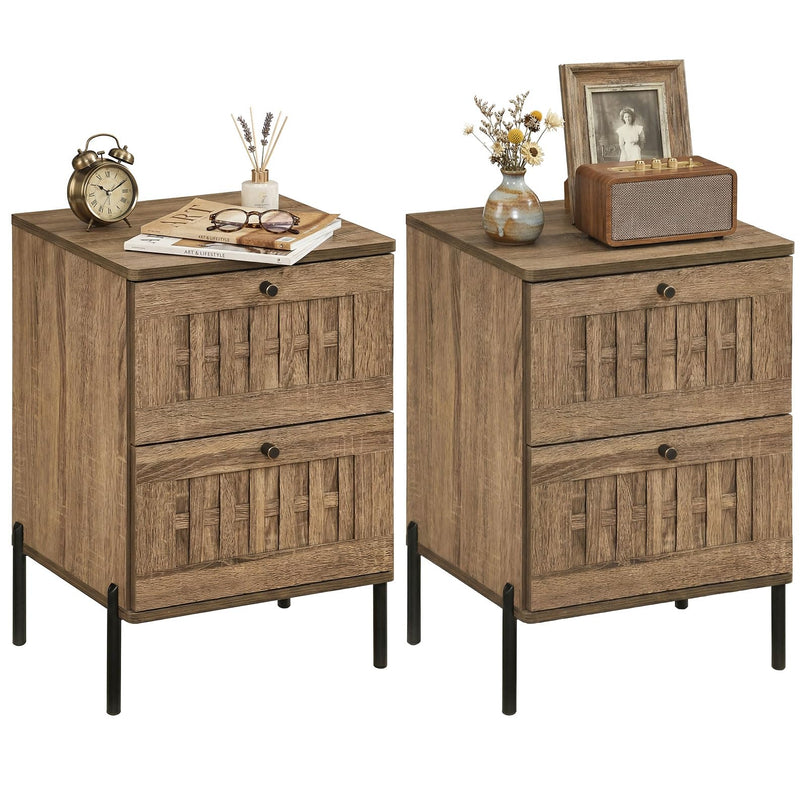 Giantex Lot de 1 ou 2 tables de chevet de canapé de style Mid-Century avec 2 tiroirs de rangement tressés