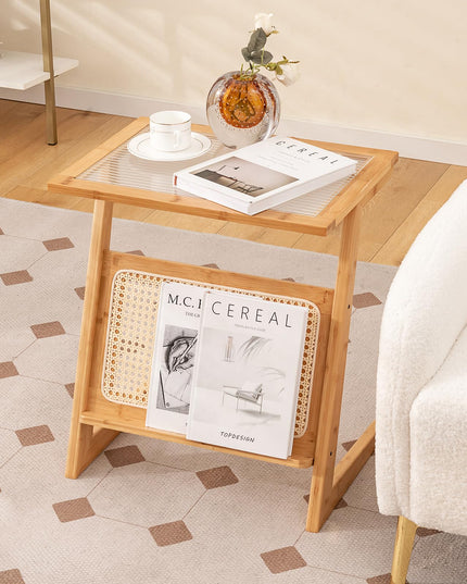 Giantex Rattan Side Table, Boho End Table with Glass Top & Magazine Rack, Z-Shaped Nightstand with Storage
