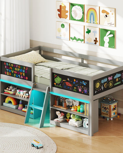Giantex Low Loft Bed with LED Lights Wooden Twin Size Loft Bed（Twin with Light）