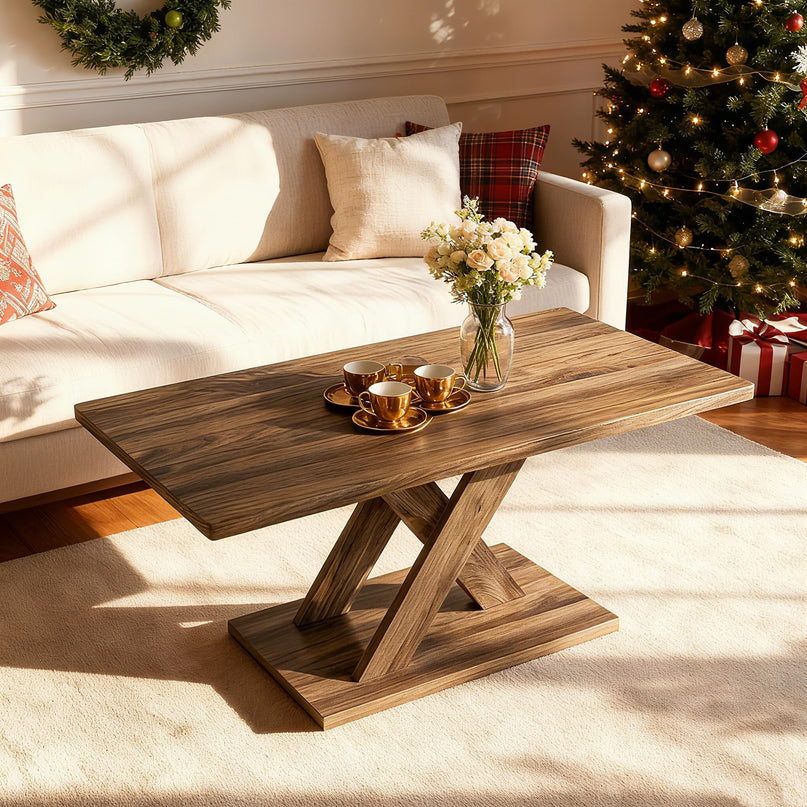 Giantex 37.5 Inch Wood Farmhouse Coffee Table with Stable Base & Rubber Wood Connection