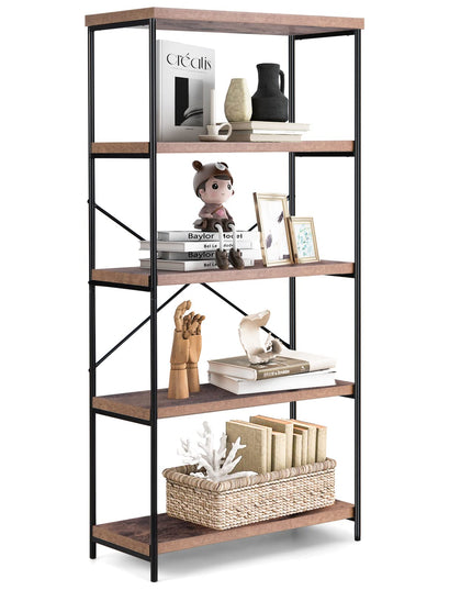 Giantex Industrial 5-Tier Wood Bookshelf - 63’’ Tall Open Storage Organizer Shelves with Anti-Tipping Device and Foot Pads