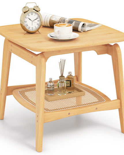 Giantex Rattan Side Table, Boho End Table with Storage Shelf, 2-Tier Bedside Table for Small Spaces