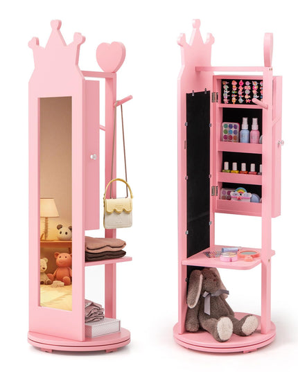 CHARMAID Kids Mirror Jewelry Cabinet - 360° Swivel Jewelry Armoire with Full Length Mirror