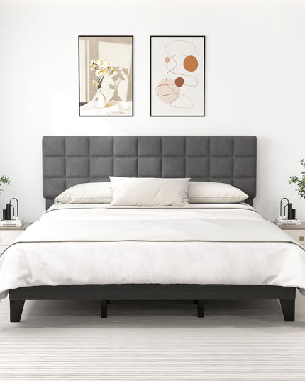 Giantex Full Size Platform Bed, Linen Fabric Upholstered Bed Frame with Adjustable Headboard & Wooden Slat Support