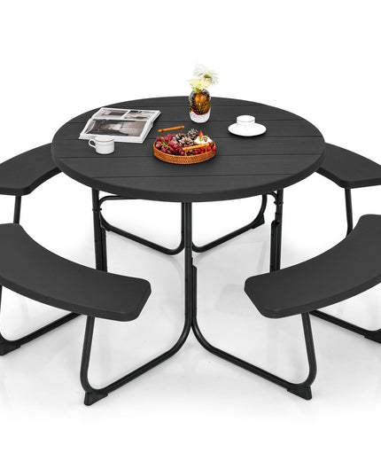 Giantex Picnic Table Set for Up to 8 Persons, Round Outdoor Table and Bench Set with Umbrella Hole