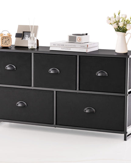 Giantex Black Dresser for Bedroom with 5 Drawers - Wide Clothes Storage Organizer w/ 5 Fabric Bins