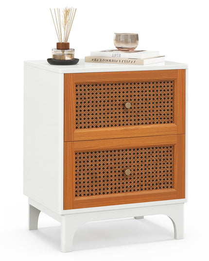 Giantex Rattan Nightstand with Drawers, Natural Rattan End Table, Cane Accent Bedside Table with Solid Wood Legs for Bedroom