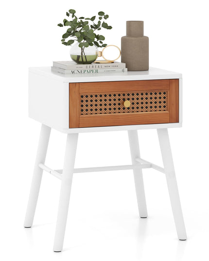 Giantex Rattan Nightstand, Mid Century Modern End Table with Handwoven Rattan Decorated Drawer