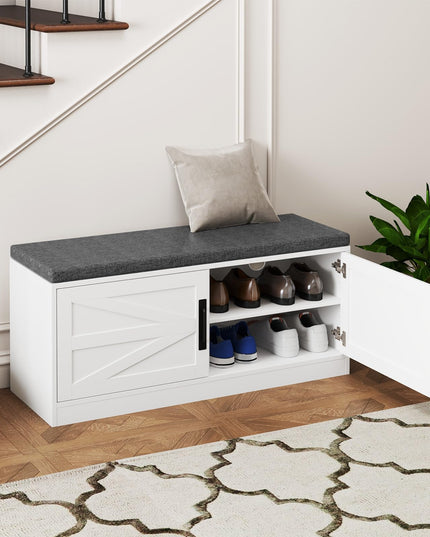 Giantex Shoe Storage Bench with Cushion, 2-Tier Entryway Bench w/2 Barn Doors & 2 Adjustable Shelves