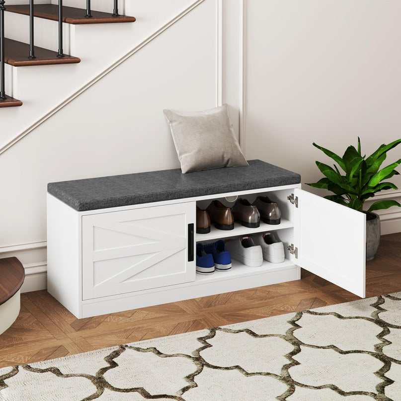 Giantex Shoe Storage Bench with Cushion, 2-Tier Entryway Bench w/2 Barn Doors & 2 Adjustable Shelves
